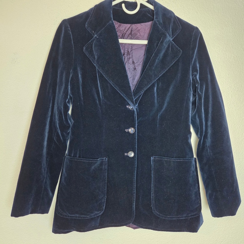 Vintage Velvet Double Breasted Blazer Peak Lapel‎ Dark Academia Navy Blue - Picture 2 of 9
